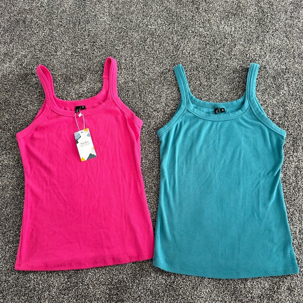 Sunbs Tank Tops Womens Size M Lot of 2 Hot Pink Teal Ribbed Scoop Neck